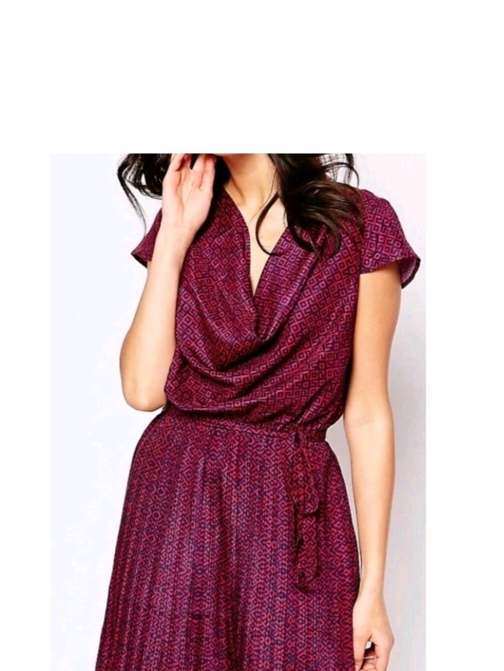 Draped Cowl Neck Short Sleeve Top in Burgundy Print